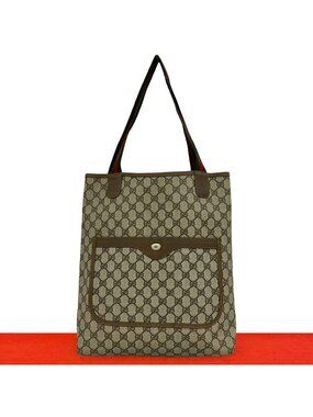 Gucci Vintage Sherry Line GG Logo Leather Tote Bag Brown